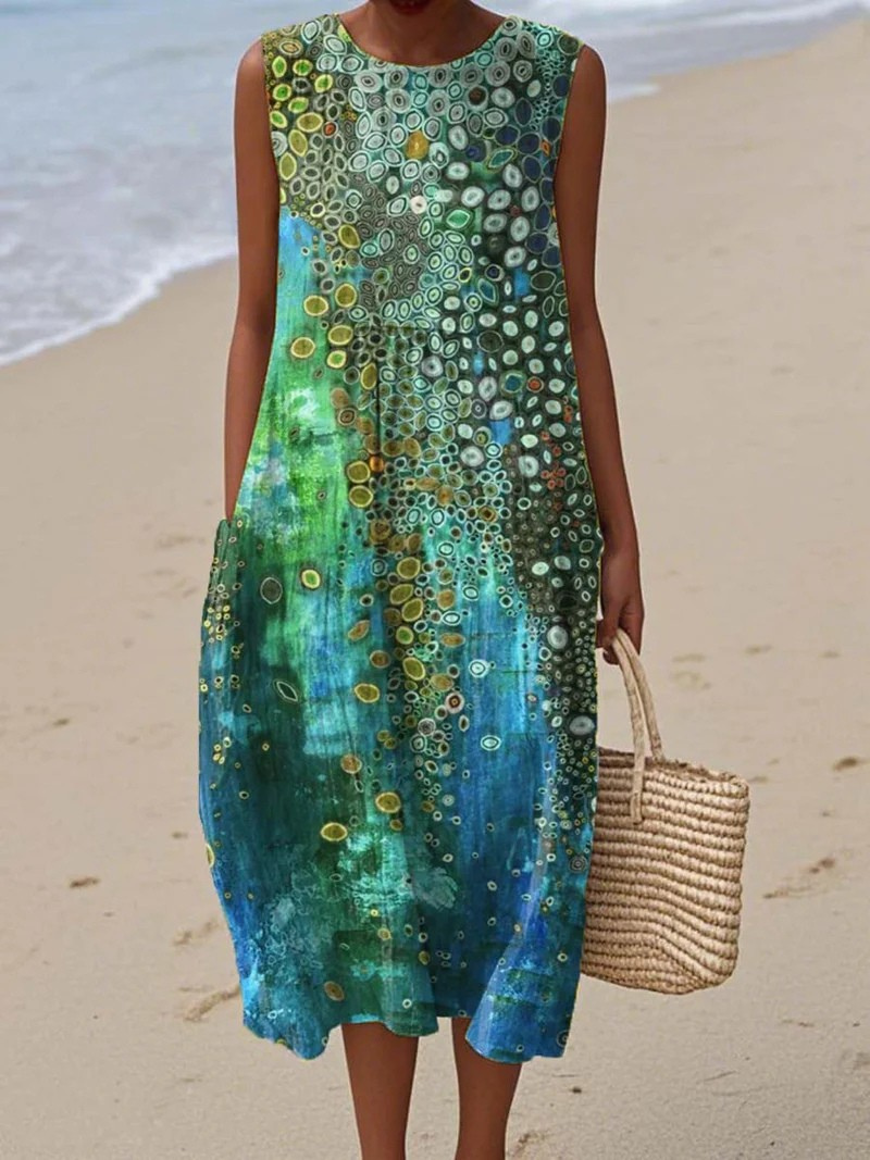 Women's Sleeveless Wrap Dress with Abstract Pattern and Pockets