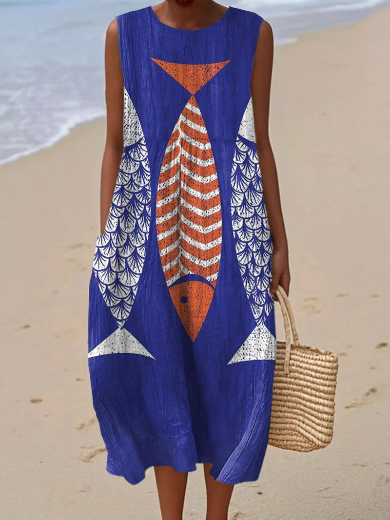 Vintage-Inspired Sleeveless Wrap Dress with Fish Art Print and Pockets for Women