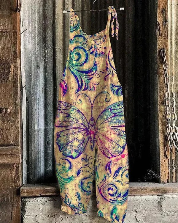 Women's Vintage Butterfly Print Jumpsuit - Comfort & Style for Any Occasion