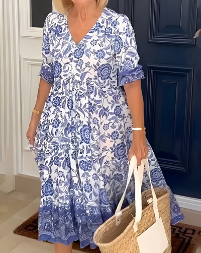 V-Neck Bohemian Dress for Women – Lightweight Plus Size Wedding Guest Dress, Summer Casual Vibes, Short Sleeves, Flattering Fit