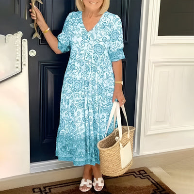 V-Neck Bohemian Dress for Women – Lightweight Plus Size Wedding Guest Dress, Summer Casual Vibes, Short Sleeves, Flattering Fit