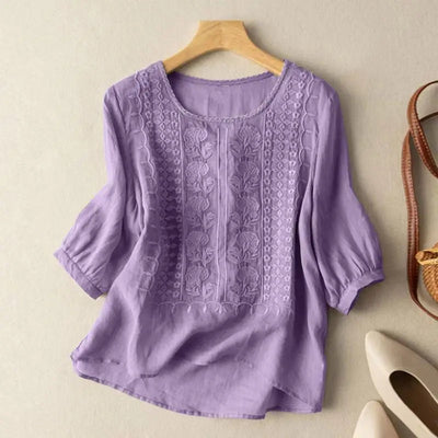 Violet Embroidered Boho Blouse – Lightweight Summer Top for Women, Versatile Casual Fashion Top with Chic Design