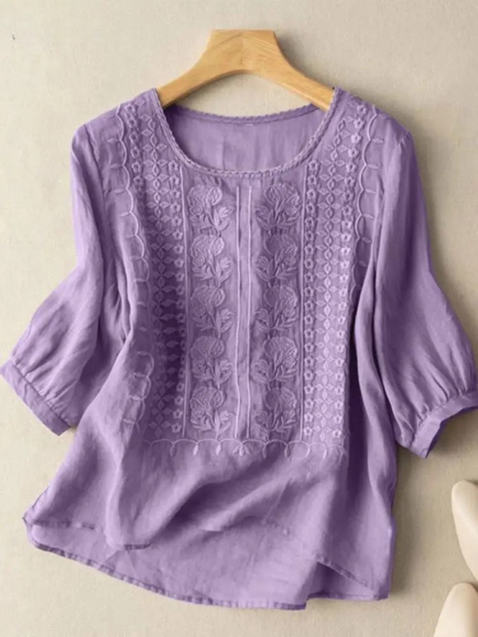 Violet Embroidered Boho Blouse – Lightweight Summer Top for Women, Versatile Casual Fashion Top with Chic Design