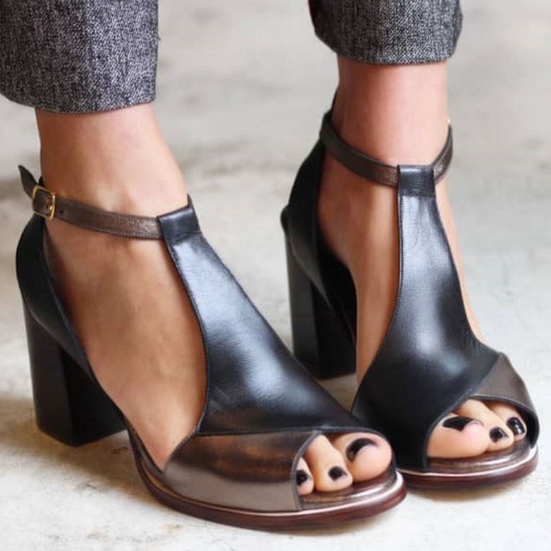 Anyao™ | Black Patchwork Open-Toe Heeled Sandals