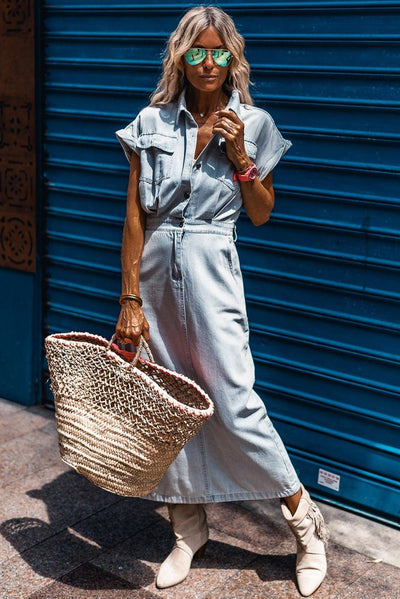 Sofia® | Elegant Denim Dress with Short Batwing Sleeves