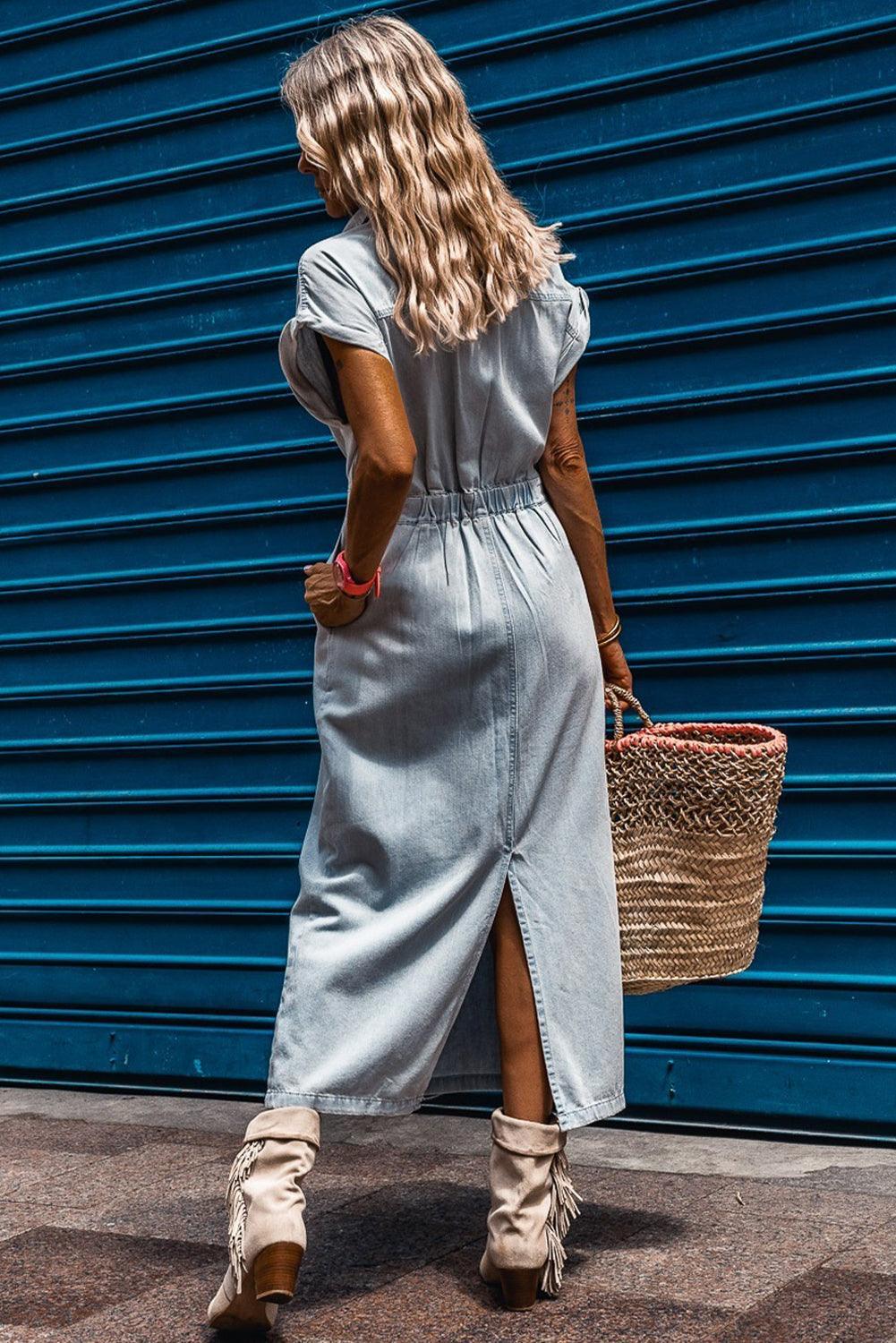 Sofia® | Elegant Denim Dress with Short Batwing Sleeves
