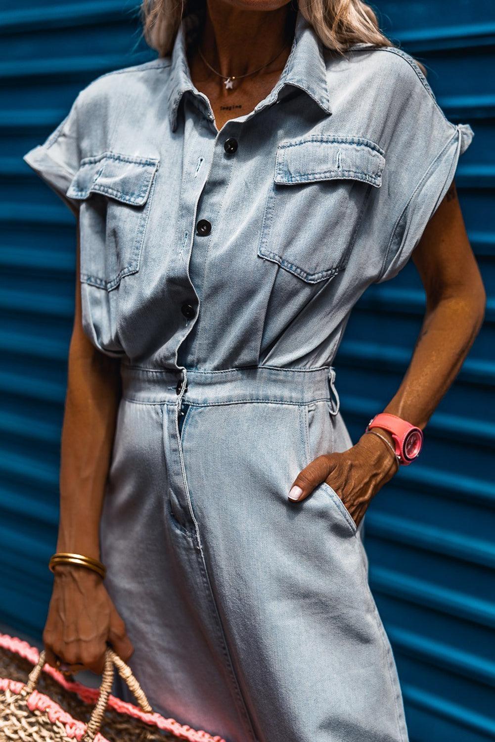 Sofia® | Elegant Denim Dress with Short Batwing Sleeves
