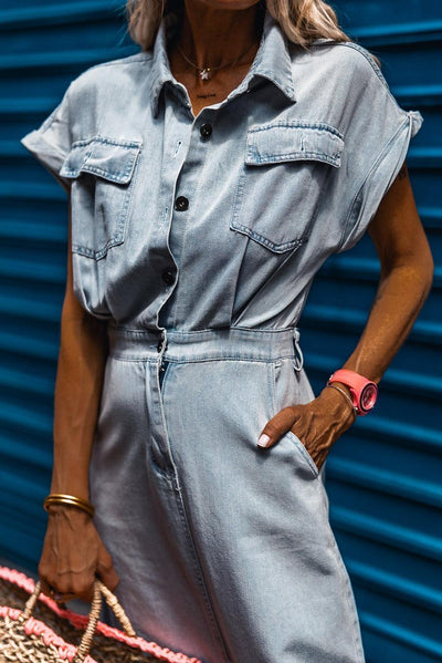 Sofia® | Elegant Denim Dress with Short Batwing Sleeves
