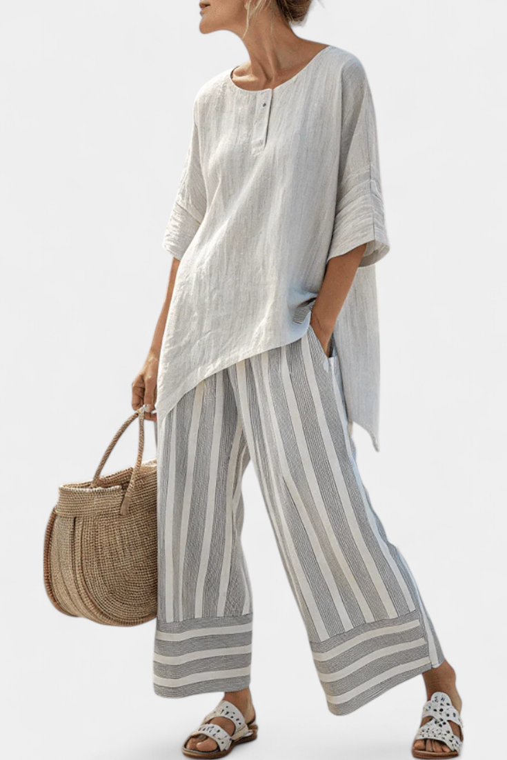 Francesca | Asymmetric Blouse & Striped Pants Set