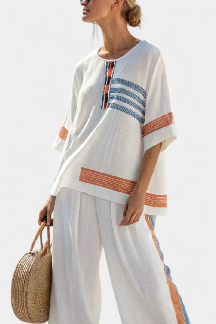 Carmela | White Linen Set with Blue & Orange Stripes