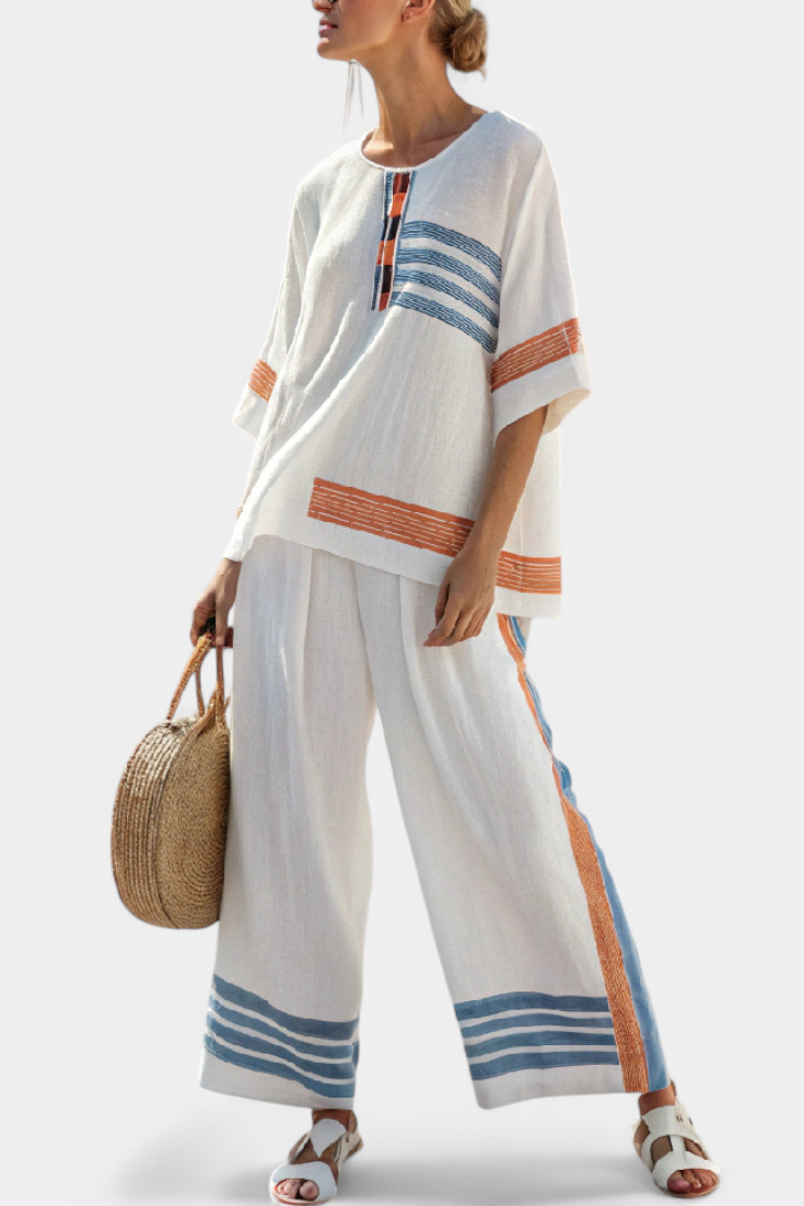 Carmela | White Linen Set with Blue & Orange Stripes