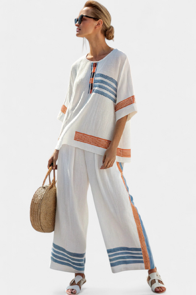 Carmela | White Linen Set with Blue & Orange Stripes